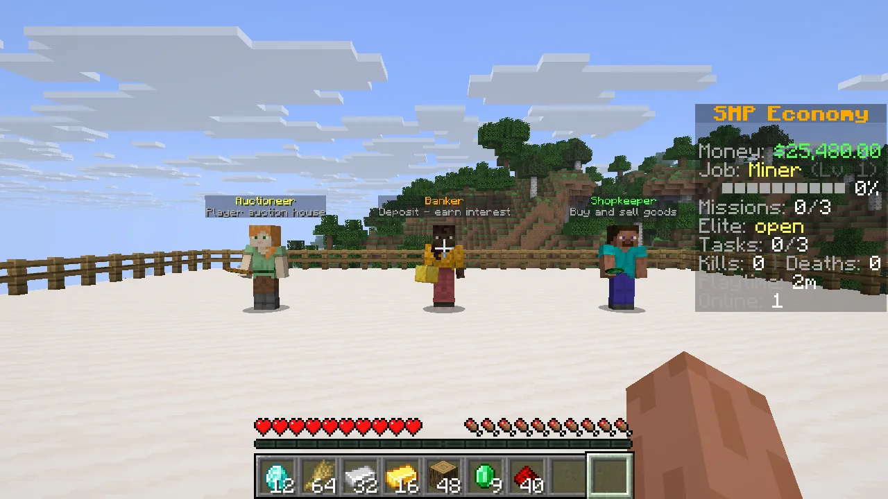In-game view with three NPCs named Auctioneer, Banker and Shopkeeper. The sidebar shows money, job level, missions, tasks, kills, playtime and players online.