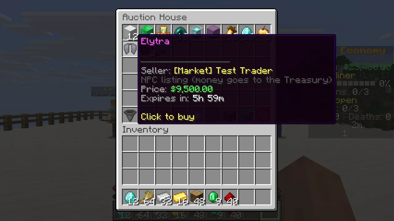 The auction house with a tooltip showing an Elytra for $9,500 from an NPC seller named [Market] Test Trader, expiring in 5 hours 59 minutes.