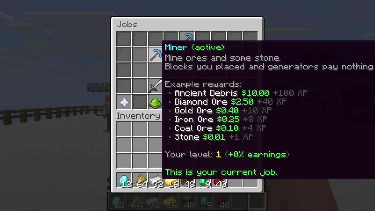 The jobs GUI with a tooltip listing the Miner job's rewards per ore and the note that blocks you placed and generators pay nothing.