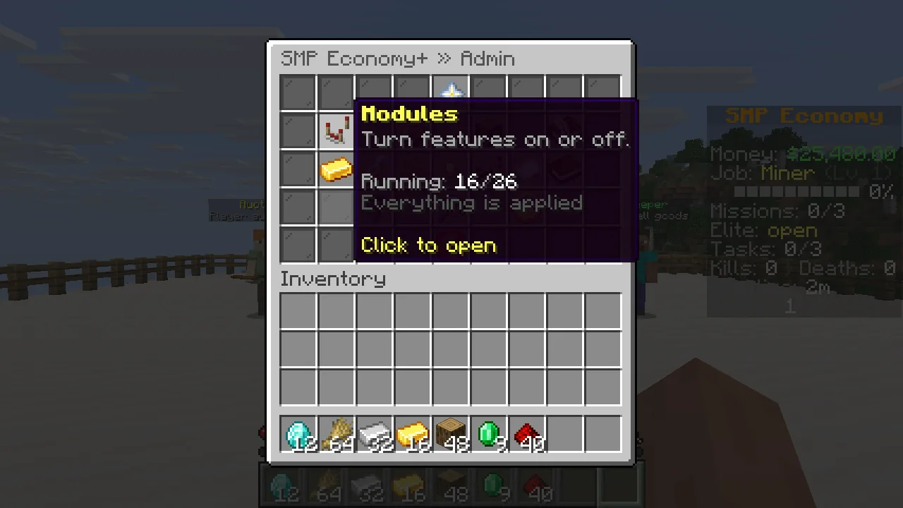 The admin GUI titled SMP Economy+ Admin with a tooltip on the Modules button reading Running 16/26, Everything is applied.