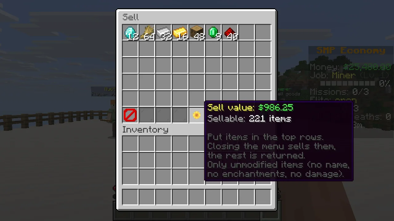 The sell GUI with a tooltip showing the total value of the items placed in it.